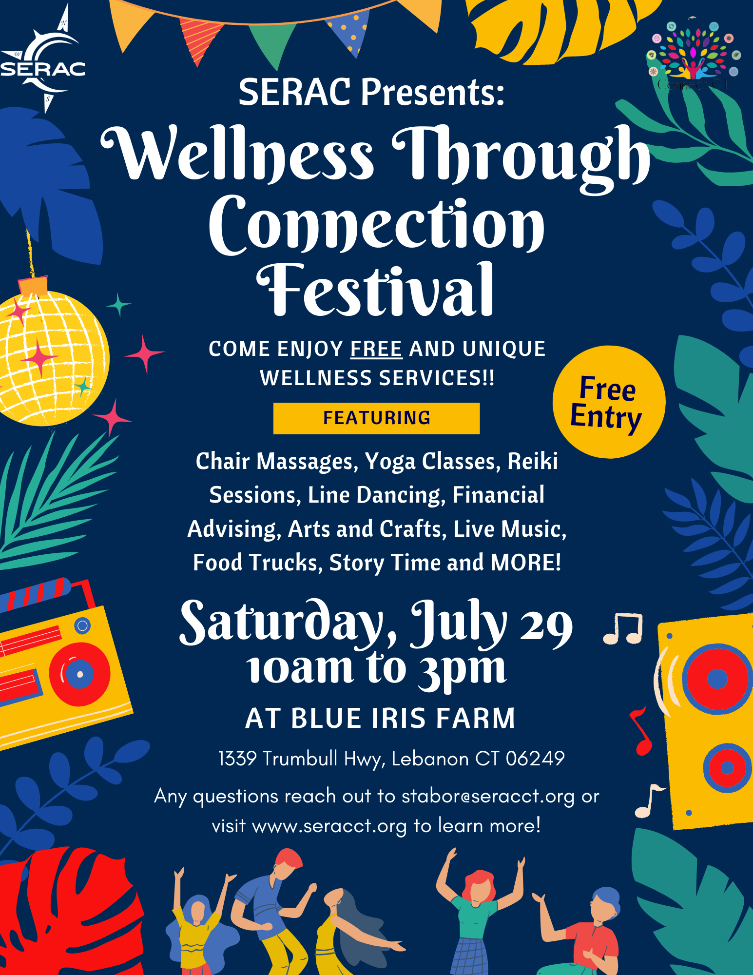 Poster for SERAC's Wellness Through Connection Festival, held on July 29, 2023